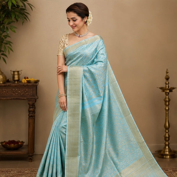 Trisha Mam Inspired Sky Blue & Gold Floral Brocade Soft Silk Saree with Rich Zari Border
