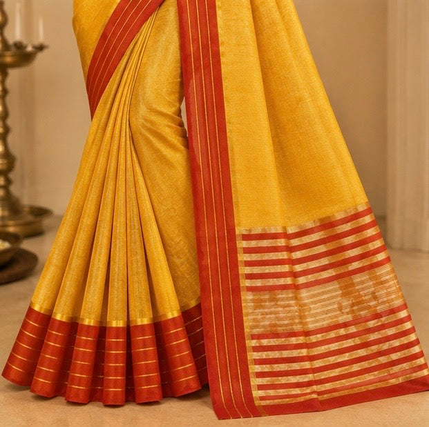 Yellow Cotton Saree with Red Border