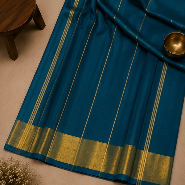 Elegant Teal Soft Silk Saree with Golden Zari Border