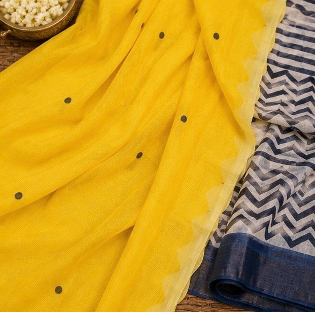 Bright Yellow Cotton Saree with Printed Pallu