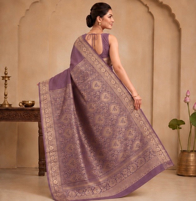 Dusty Mauve Heritage Silk Saree with Antique Zari Woven Pallu