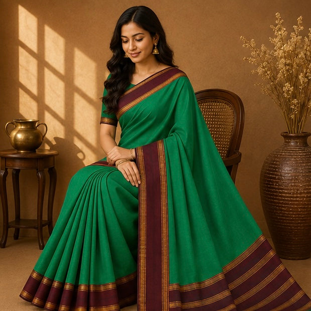 Soft Silk Saree with Traditional Zari Border | Green