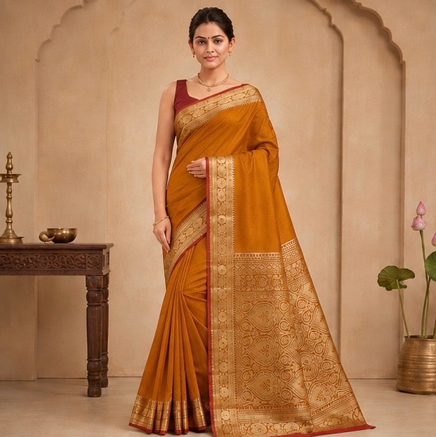 Mustard Gold Silk Saree with Traditional Woven Zari Pallu