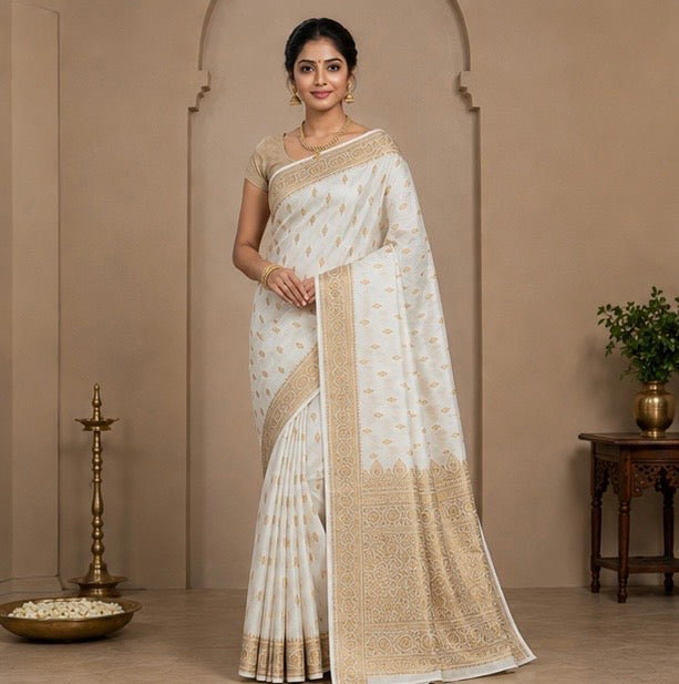 Ivory Gold Regal Floral Zari Woven Saree