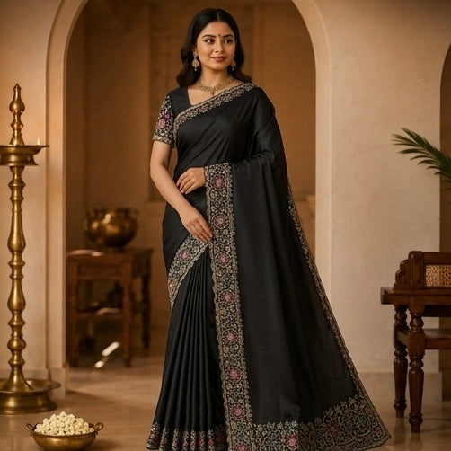 Black Embroidered Saree with Designer Floral Border