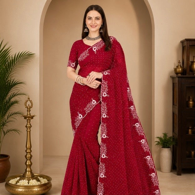 Wine Embroidered Party Wear Saree