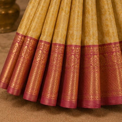 Premium Golden Beige Banarasi Silk Saree with Pink Zari Border