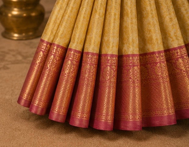 Premium Golden Beige Banarasi Silk Saree with Pink Zari Border