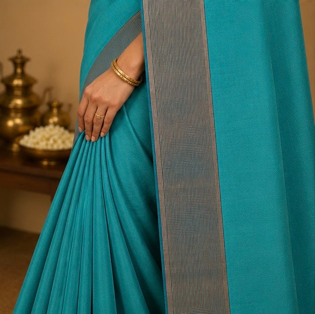 Premium Plain Soft Silk Saree with Elegant Gold Line Pallu & Self Zari Border | Peacock Blue