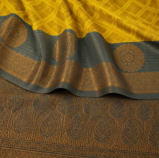 Mustard Yellow Woven Silk Saree with Sage Green Contrast Border