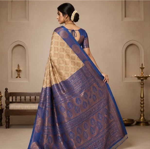 Cream Beige Woven Silk Saree with Royal Blue Brocade Border