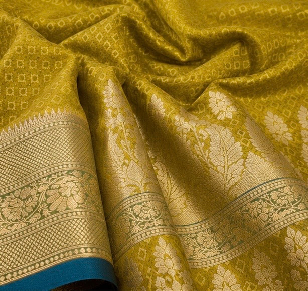 Mustard Yellow Silk Woven Saree with Traditional Gold Zari Border