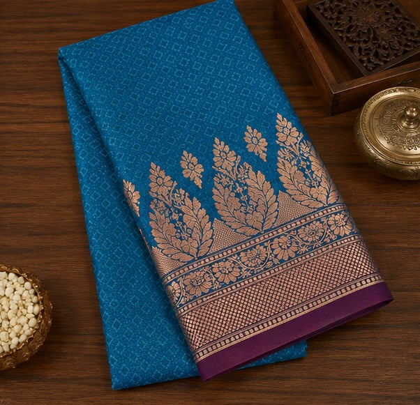Rich Blue Silk Woven Saree with Gold Floral Zari Border