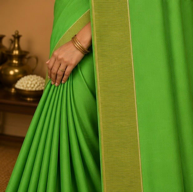 Premium Plain Soft Silk Saree with Elegant Gold Line Pallu & Self Zari Border | Mint Green