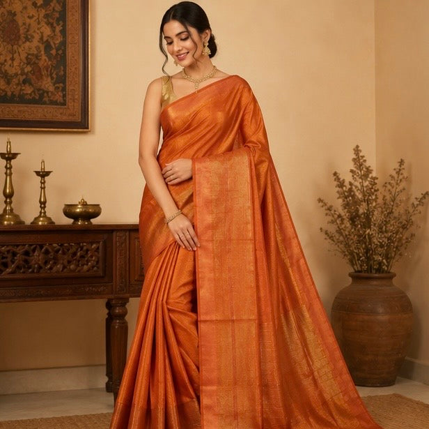 Copper Orange Soft Silk Saree with Elegant Gold Striped Weaving & Rich Zari Border
