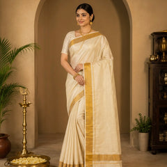 Off White Cotton Saree with Plain Gold Zari Border