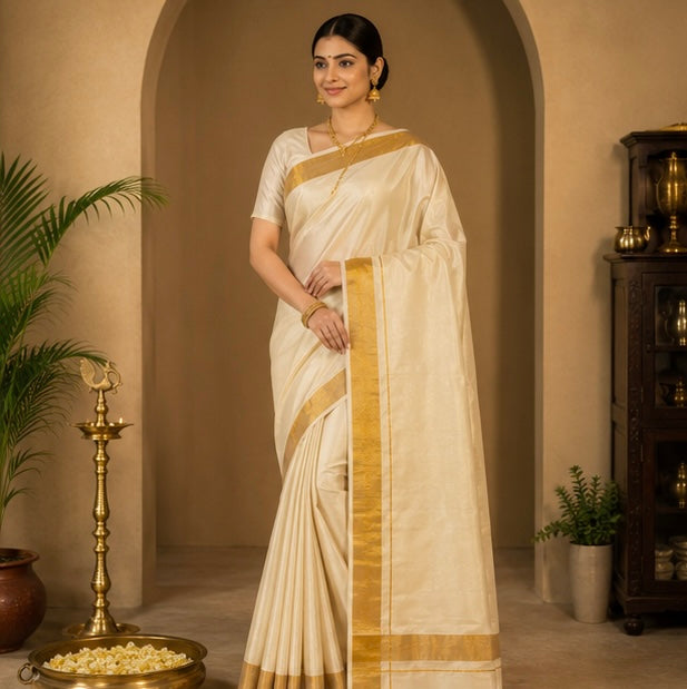 Off White Cotton Saree with Plain Gold Zari Border