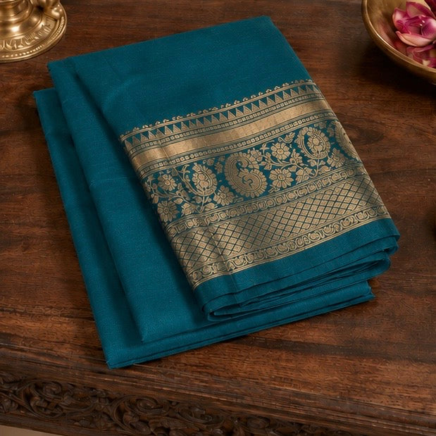 Teal Blue Silk Woven Saree with Zari Pallu
