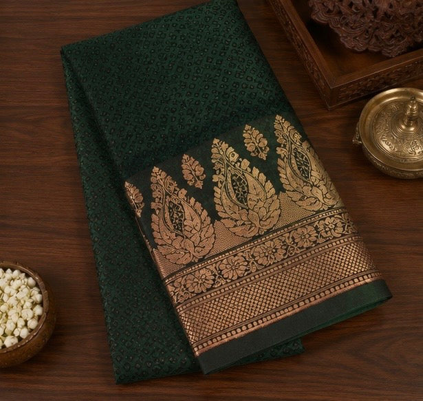 Deep Forest Green Silk Woven Saree with Antique Gold Border