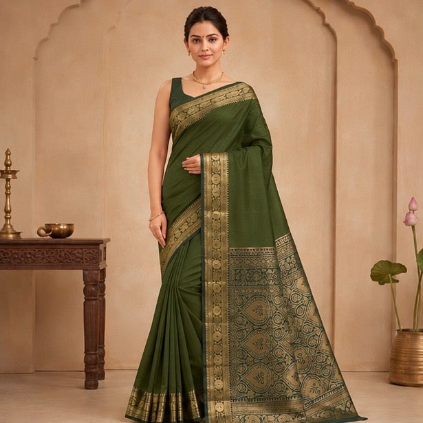 Olive Green Silk Woven Saree with Zari Pallu