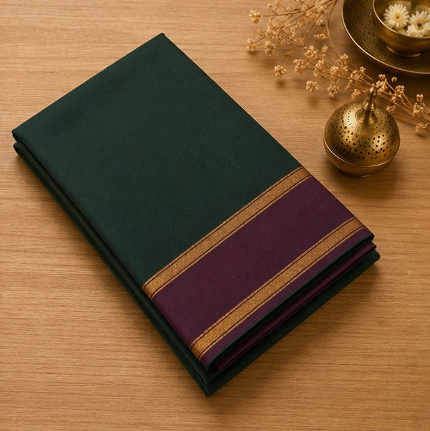 Soft Silk Saree with Traditional Zari Border | Dark Green