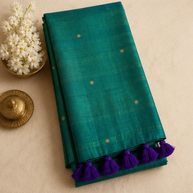Teal Green Zari Butti Tissue Silk Saree with Purple Tassels