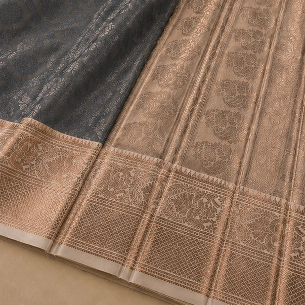Grey Floral Woven Silk Saree with Zari Border