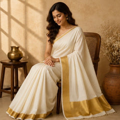 Classic Off White Kerala Cotton Saree with Traditional Gold Kasavu Border