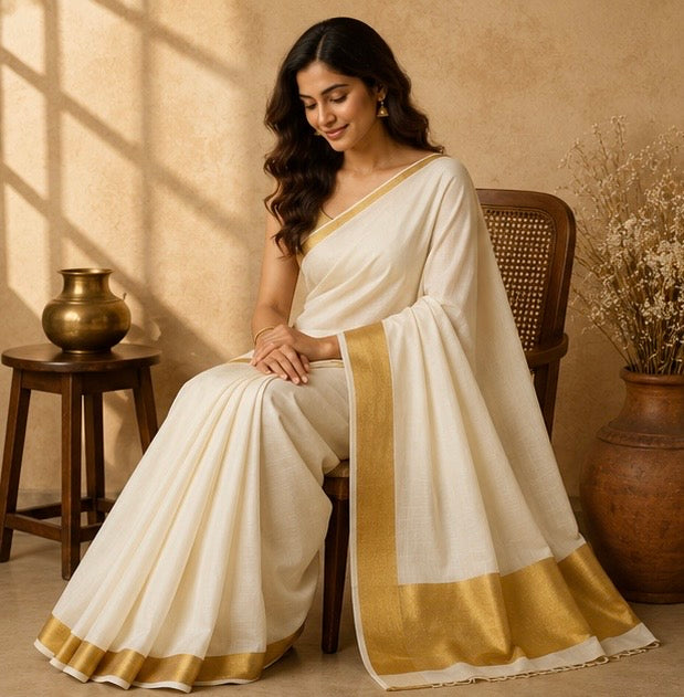 Classic Off White Kerala Cotton Saree with Traditional Gold Kasavu Border