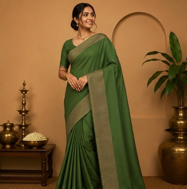 Premium Plain Soft Silk Saree with Elegant Gold Line Pallu & Self Zari Border | Olive Green