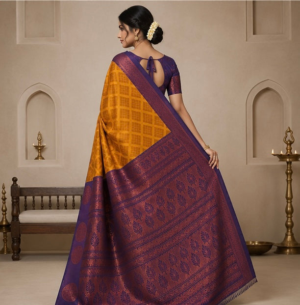 Golden Orange Woven Silk Saree with Deep Purple Brocade Border