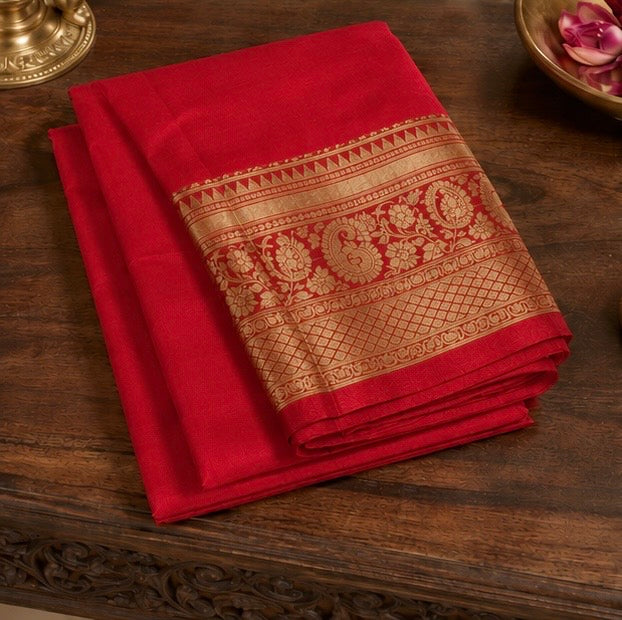 Red Silk Woven Saree with Antique Zari Pallu