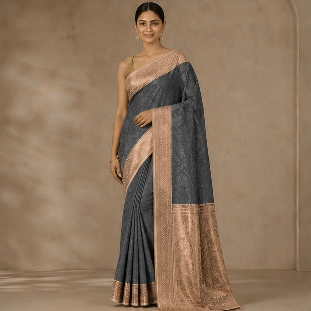 Grey Floral Woven Silk Saree with Zari Border
