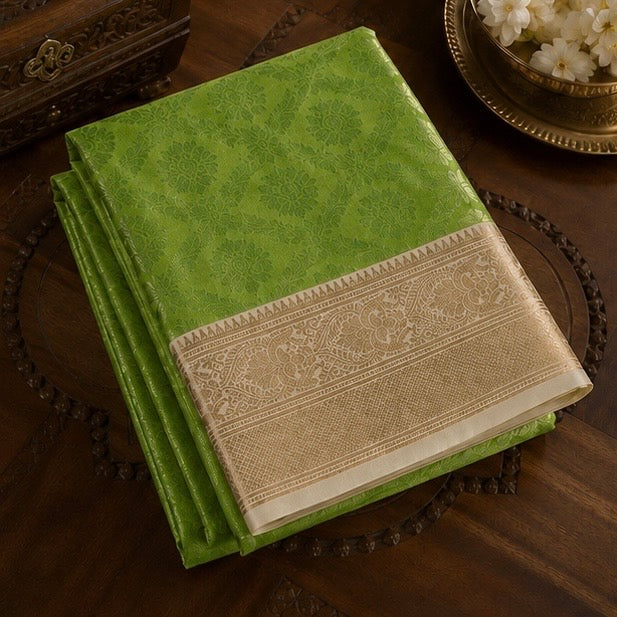Parrot Green Floral Woven Silk Saree with Zari Border