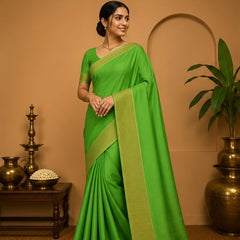 Premium Plain Soft Silk Saree with Elegant Gold Line Pallu & Self Zari Border | Mint Green