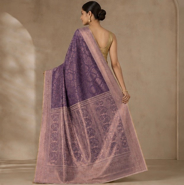 Lavender Floral Woven Silk Saree with Zari Border