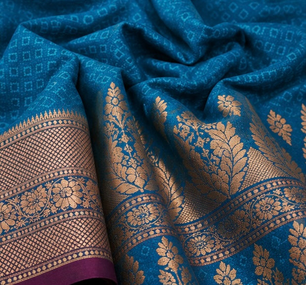 Rich Blue Silk Woven Saree with Gold Floral Zari Border