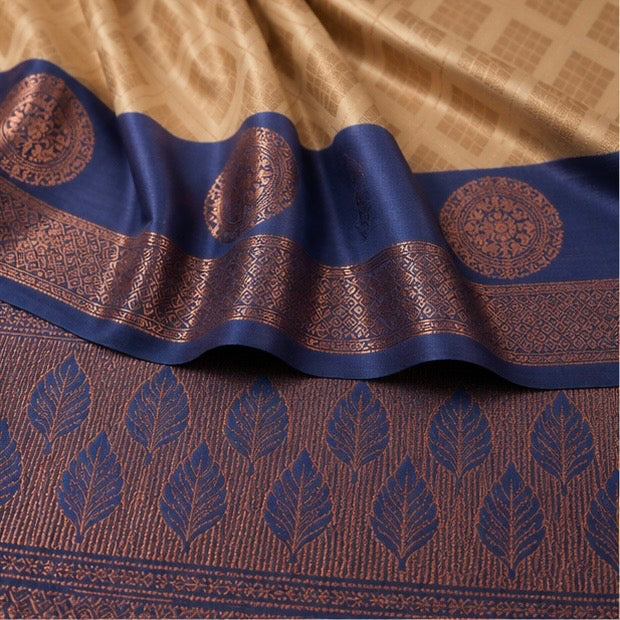 Cream Beige Woven Silk Saree with Royal Blue Brocade Border