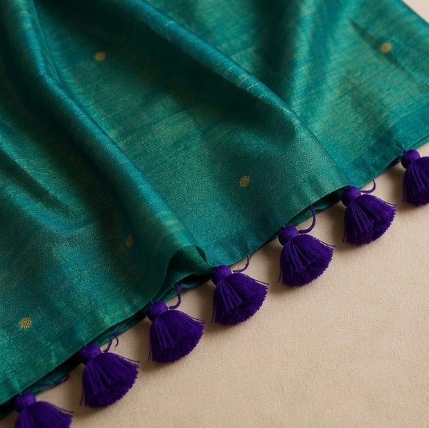 Teal Green Zari Butti Tissue Silk Saree with Purple Tassels