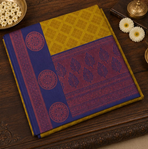 Olive Lime Green Woven Silk Saree with Blue Contrast Border