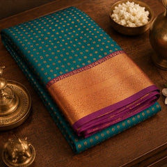 Premium Peacock Blue Banarasi Silk Saree with Gold Zari Border