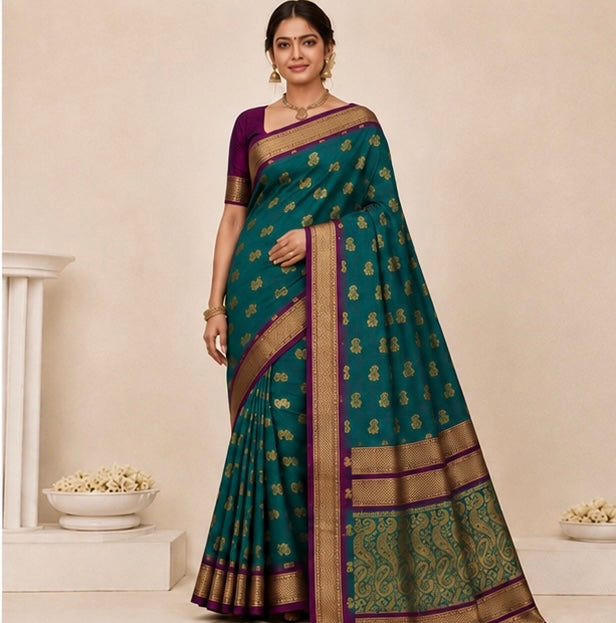 Peacock Green Paithani Silk Saree with Woven Peacock Motifs