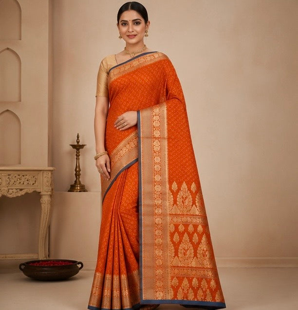 Vibrant Orange Silk Woven Saree with Blue Edge & Gold Zari