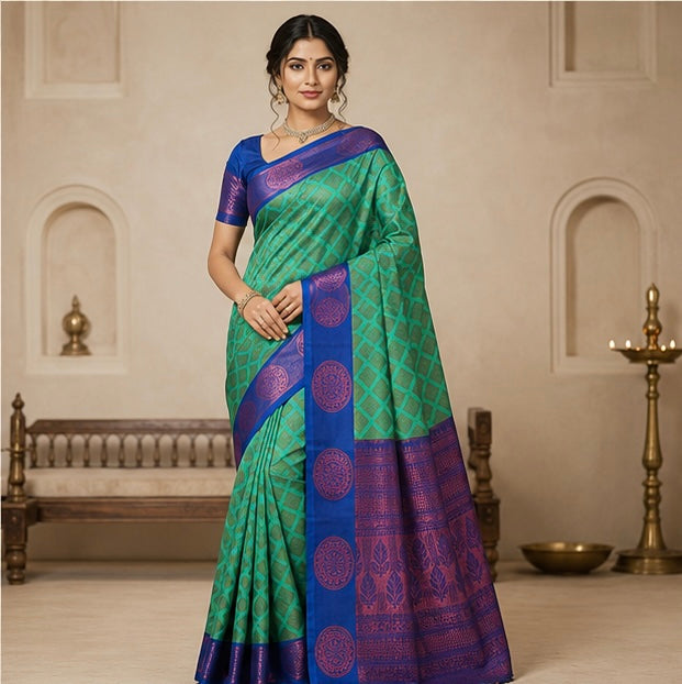 Turquoise Green Woven Silk Saree with Royal Blue Brocade Border