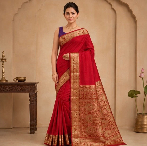 Red Silk Woven Saree with Antique Zari Pallu