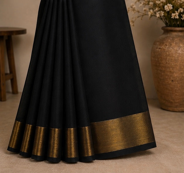 Elegant Black Soft Silk Saree with Golden Zari Border
