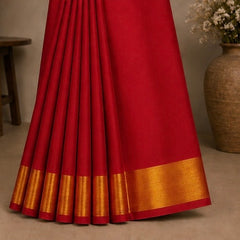 Elegant Red Soft Silk Saree with Golden Zari Border