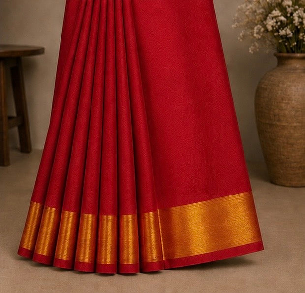 Elegant Red Soft Silk Saree with Golden Zari Border