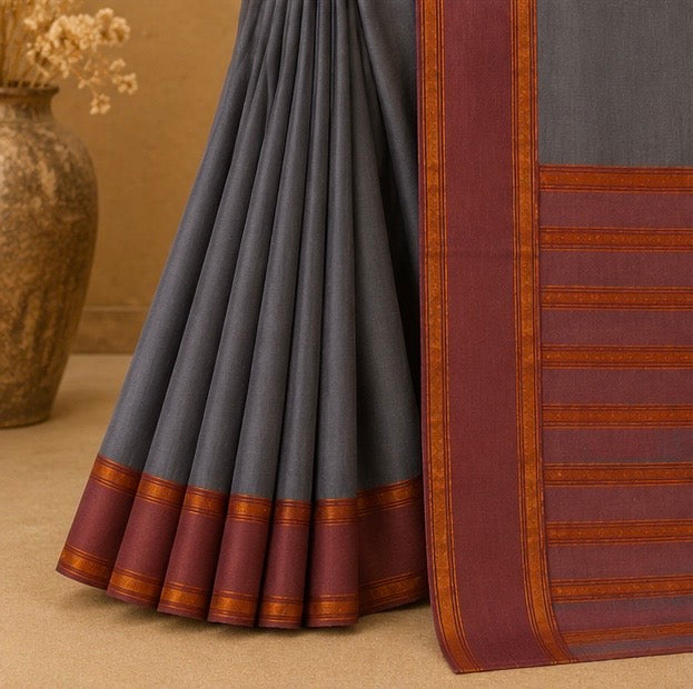 Soft Silk Saree with Traditional Zari Border | Grey