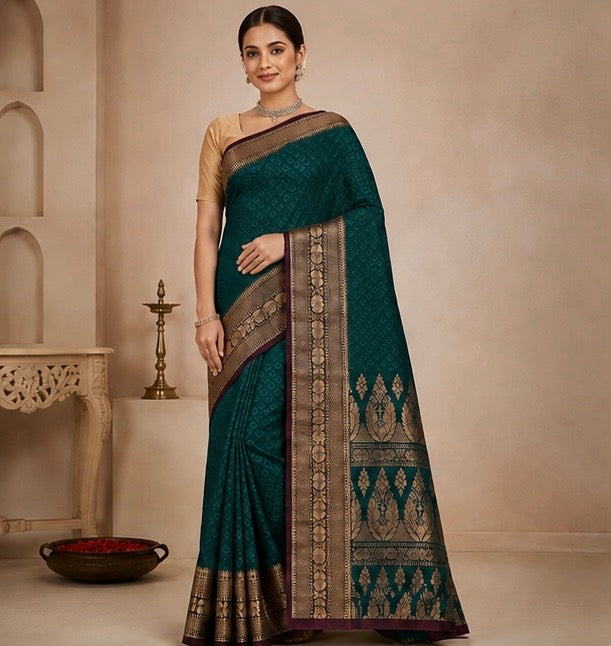 Deep Teal Green Silk Woven Saree with Antique Gold Border
